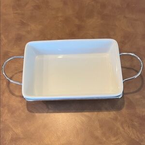 White Rectangular Baking Dish with serving stand w/Handles; good condition